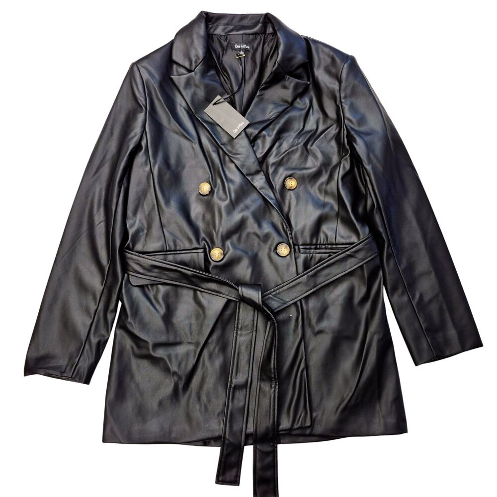 Black Belted Shiny Blazer Notch Lapel Flap Pocket Double Breasted Women’s L New